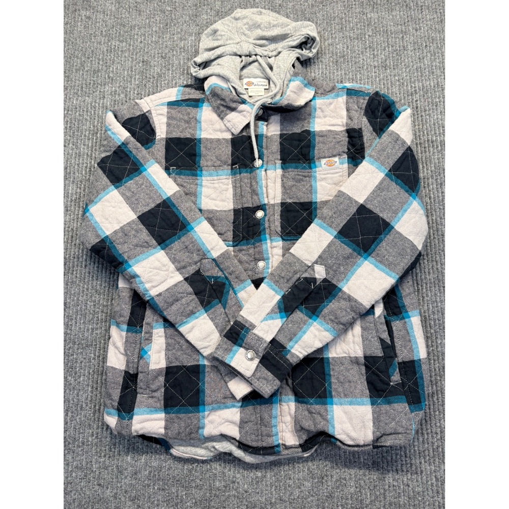 Dickies Womens Plaid Quilted Flannel Shirt Jacket with Hood Blue Black Size M